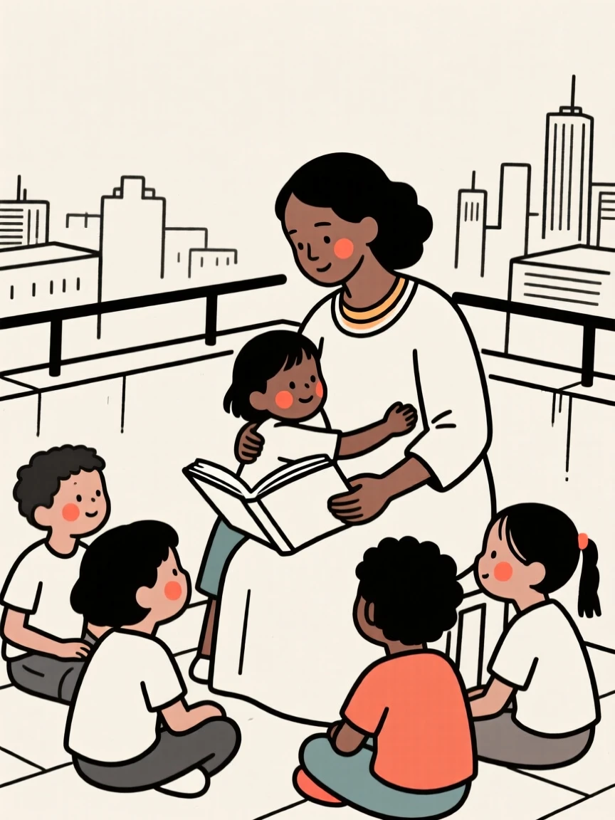 A teacher of ethiopian heritage reading to a classroom, sharing a tender embrace, on a rooftop overlooking the city.