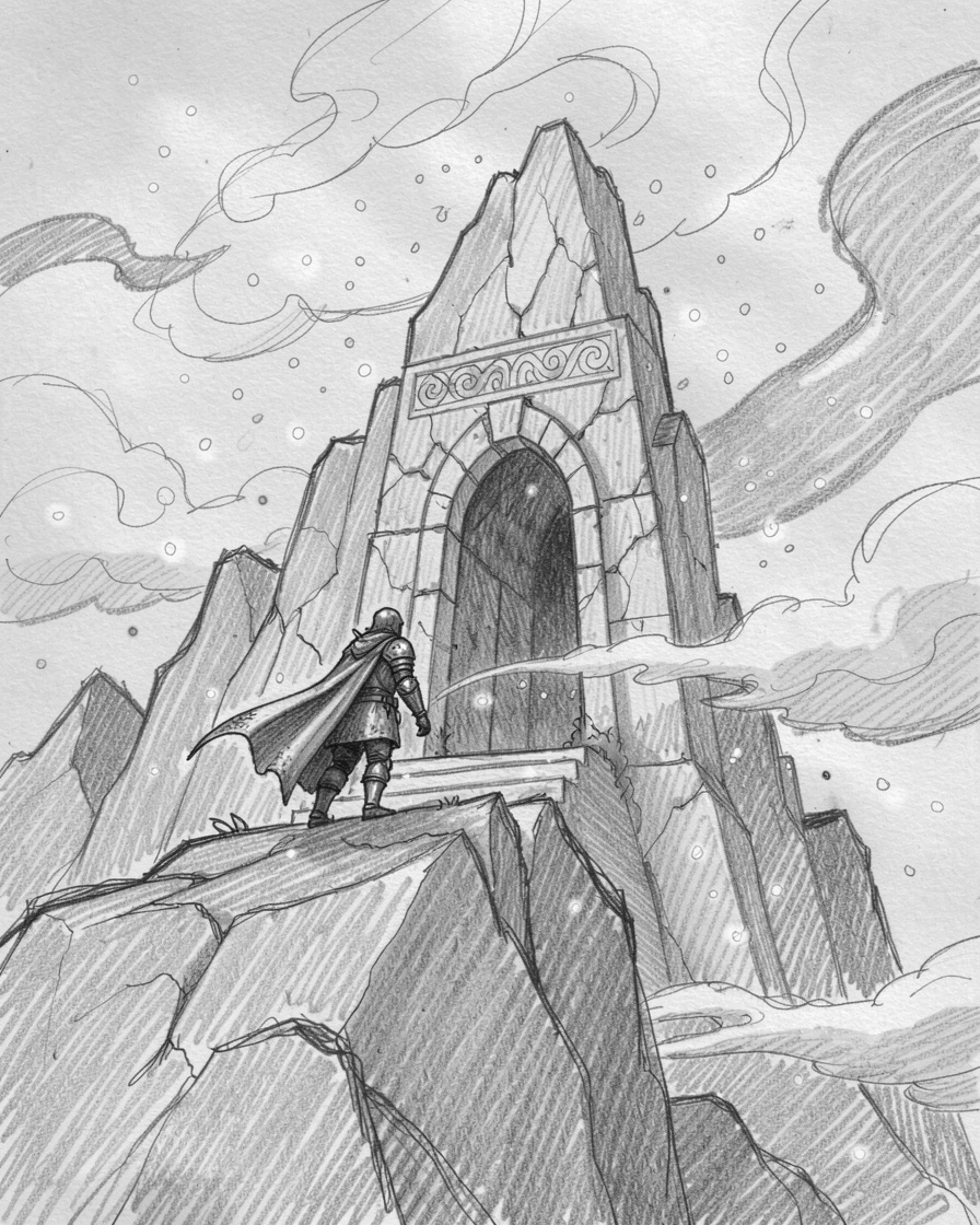 An epic fantasy scene of a warrior standing before an ancient stone gate atop a mountain pierced by clouds, with glowing spores floating like snow.