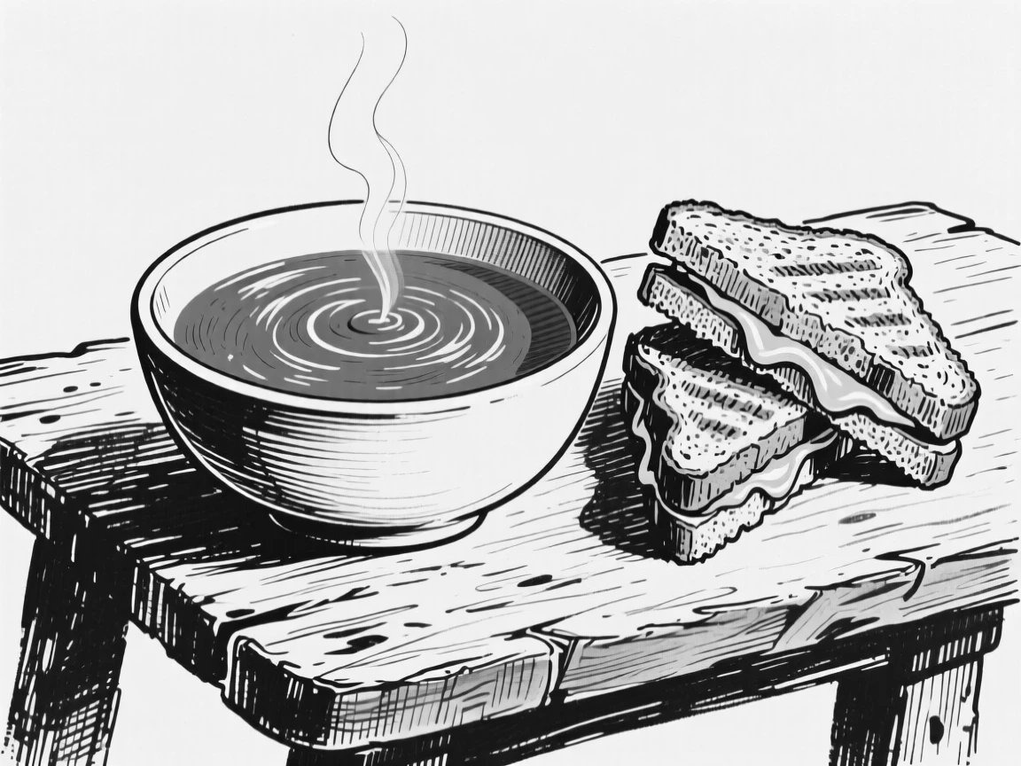 A bowl of tomato soup paired with a grilled cheese sandwich cut diagonally.