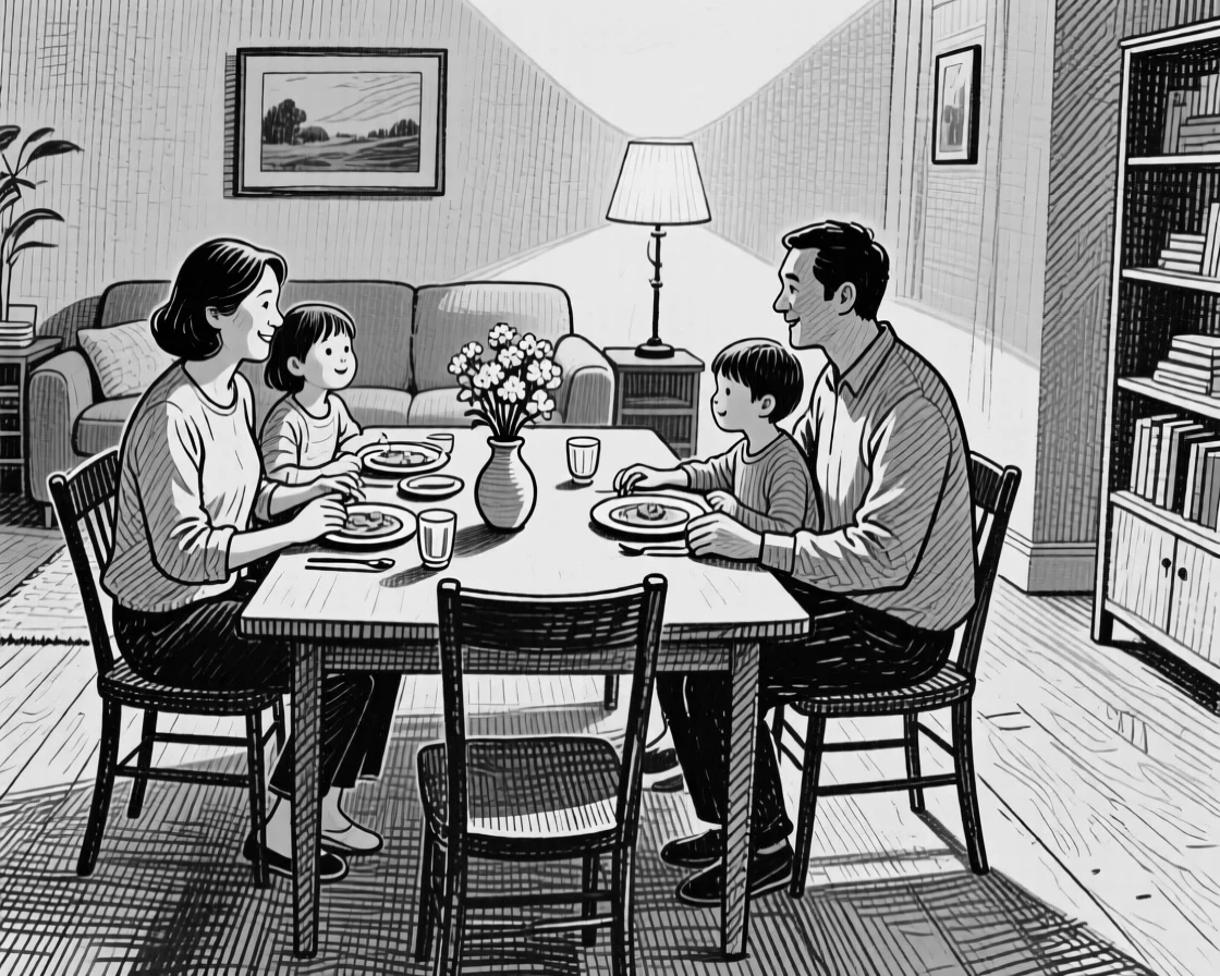 A family gathered around a dinner table within a warmly lit living room, with long shadows stretching across the ground, creating a full of gentle warmth lifestyle scene.