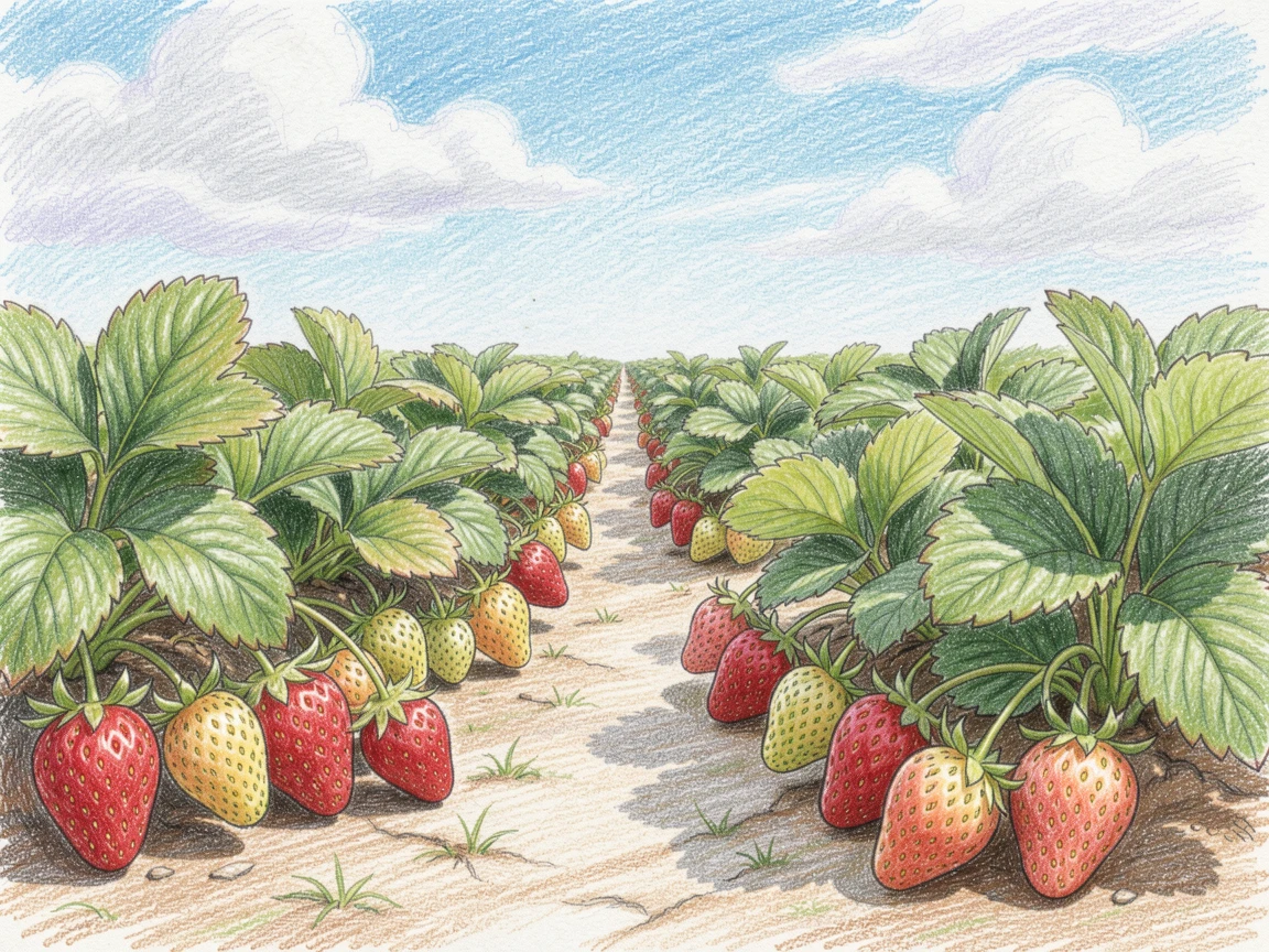 A strawberry field ready for picking under a bright summer sky, with a gentle play of light and shadow across the composition, capturing a quiet story that lingers with the viewer.