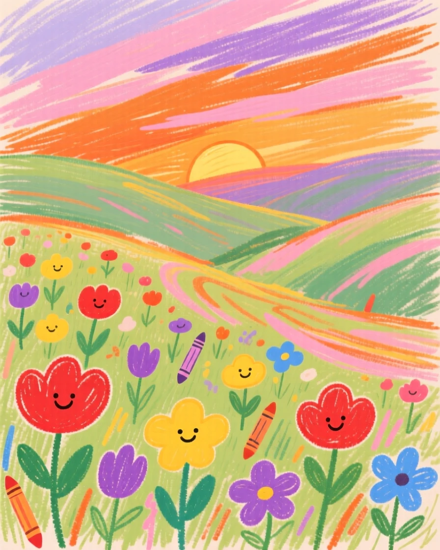 A view of a wildflower valley reflecting the colors of a vivid sunset sky.