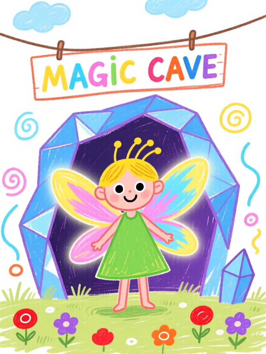 A small forest fairy with glowing wings near a crystal cave glowing with soft light.