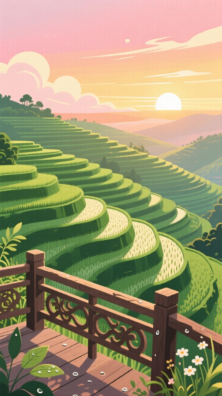 A scenic overlook of terraced rice fields at sunrise, with soft morning light illuminating the scene, composed with a dreamy sense of wanderlust and adventure, with a nostalgic, postcard-like charm.