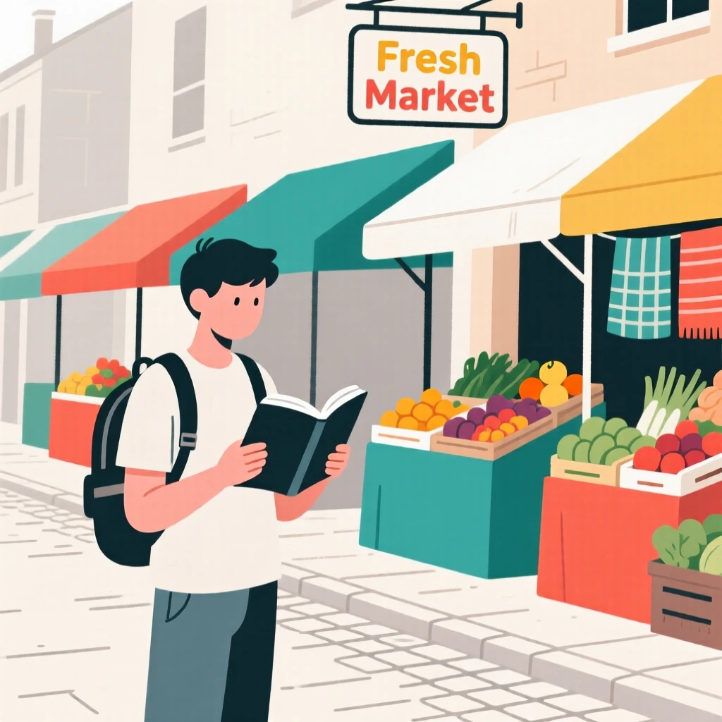A traveler reading a guidebook near a colorful market street.