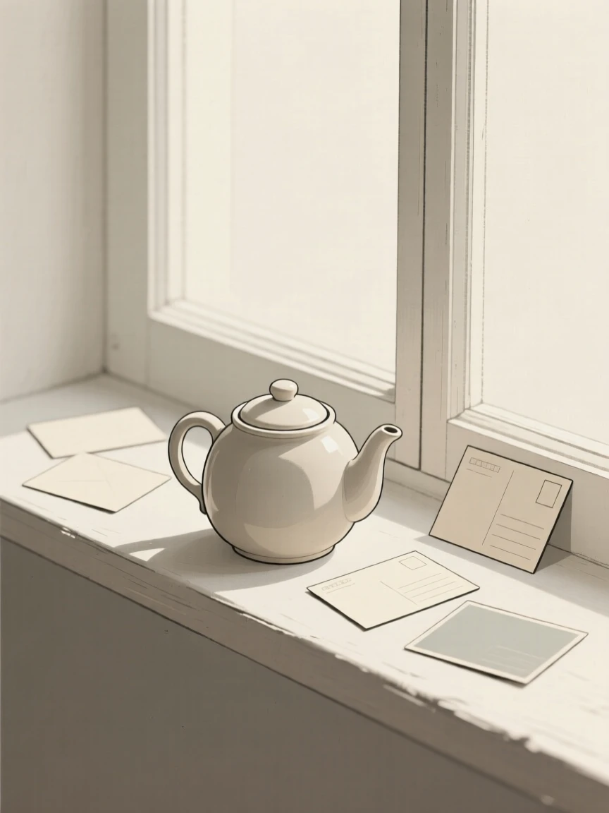 A ceramic teapot resting on a windowsill in soft light, surrounded by scattered postcards, evoking vintage warmth.