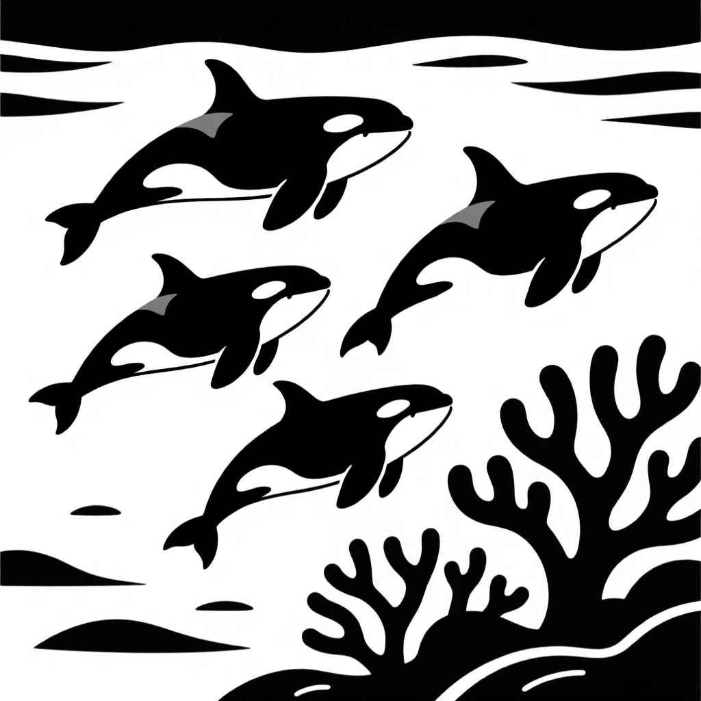A pod of orcas swimming together near a coral reef.