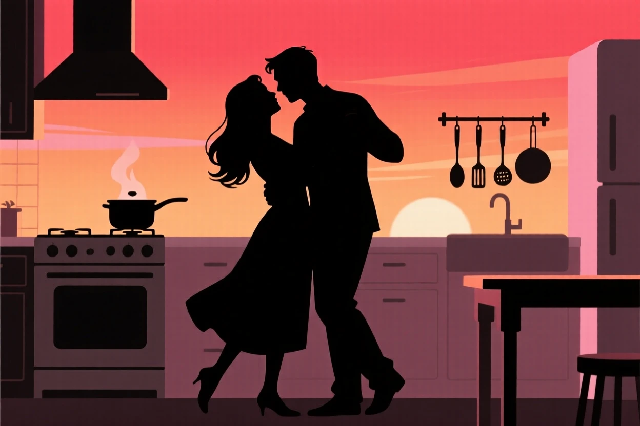 A couple slow dancing in a kitchen while dinner simmers on the stove.