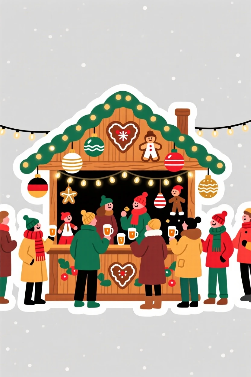 A colorful and lively German Christmas market stall with ornaments, with locals going about their day, at the peak of a local festival.