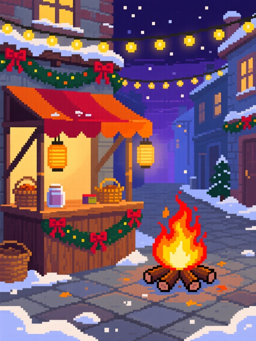 A lantern-lit autumn festival stall glowing beside a crackling bonfire, on a quiet street decorated for winter holidays.