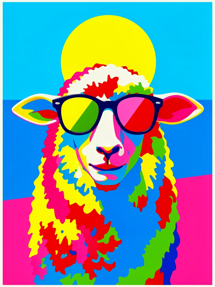 Sheep wearing sunglasses at the beach