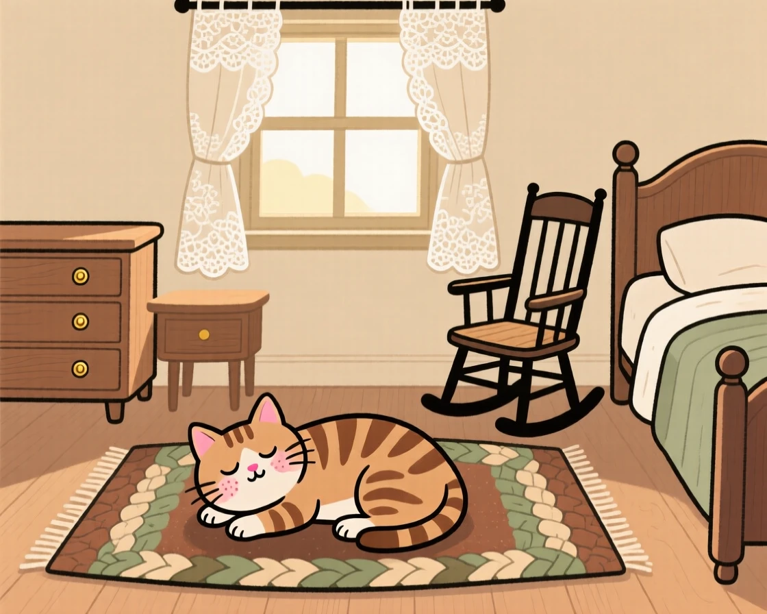 Morning light spills across a cottage bedroom filled with vintage furniture and lace curtains, where a tabby kitten naps peacefully on the braided rug.