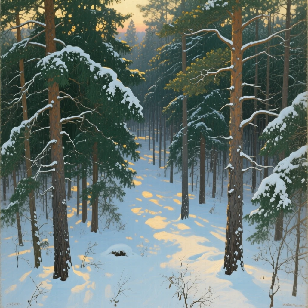A bird's-eye view of a dense pine forest with shafts of light breaking through the canopy, in deep winter, in the pale light of early evening.