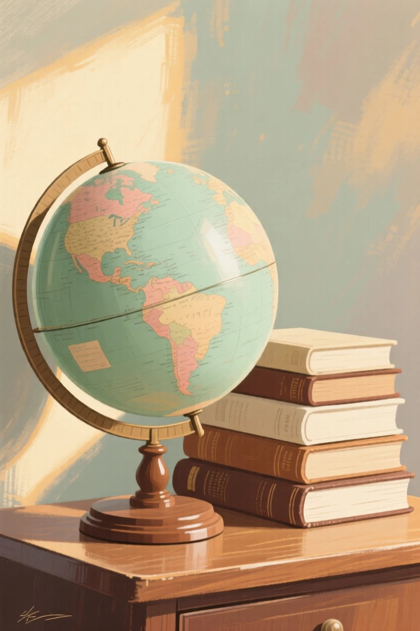 An antique globe resting on a wooden stand beside a stack of old books