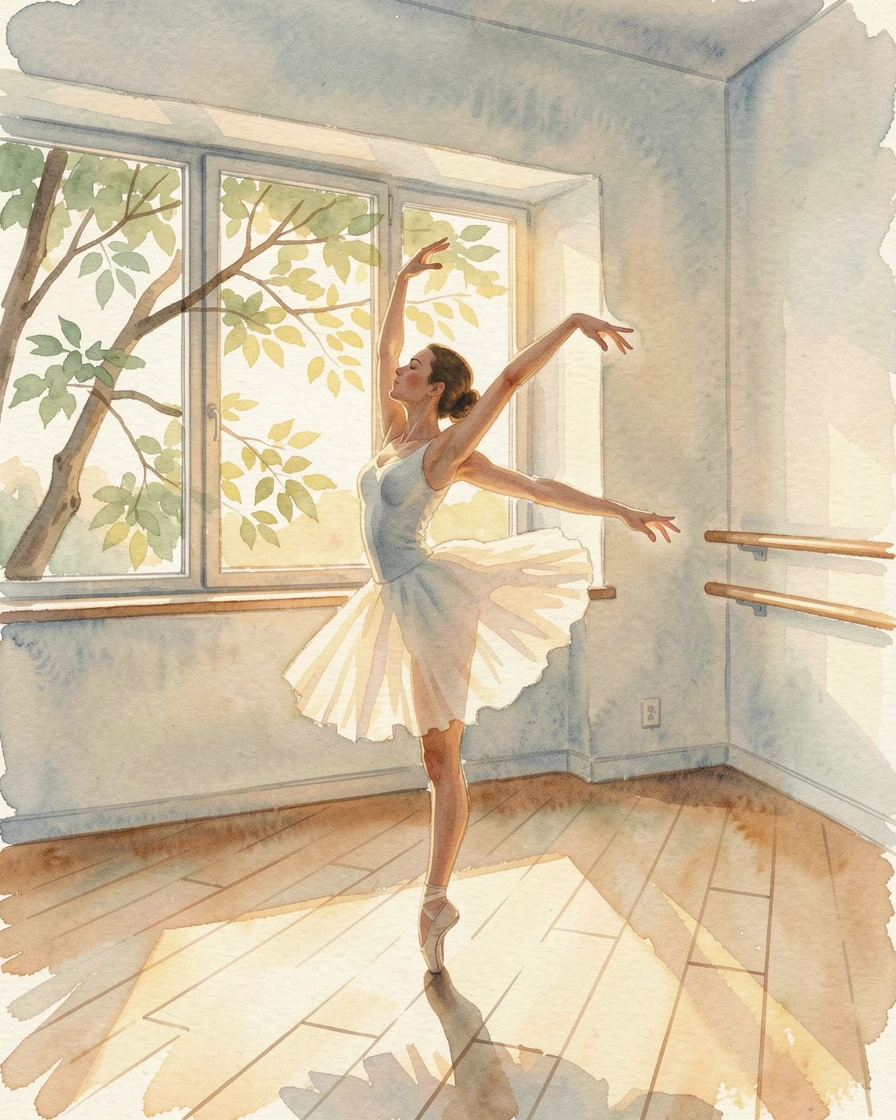 A dancer stretching in a sunlit studio as the golden afternoon light filters through nearby trees.