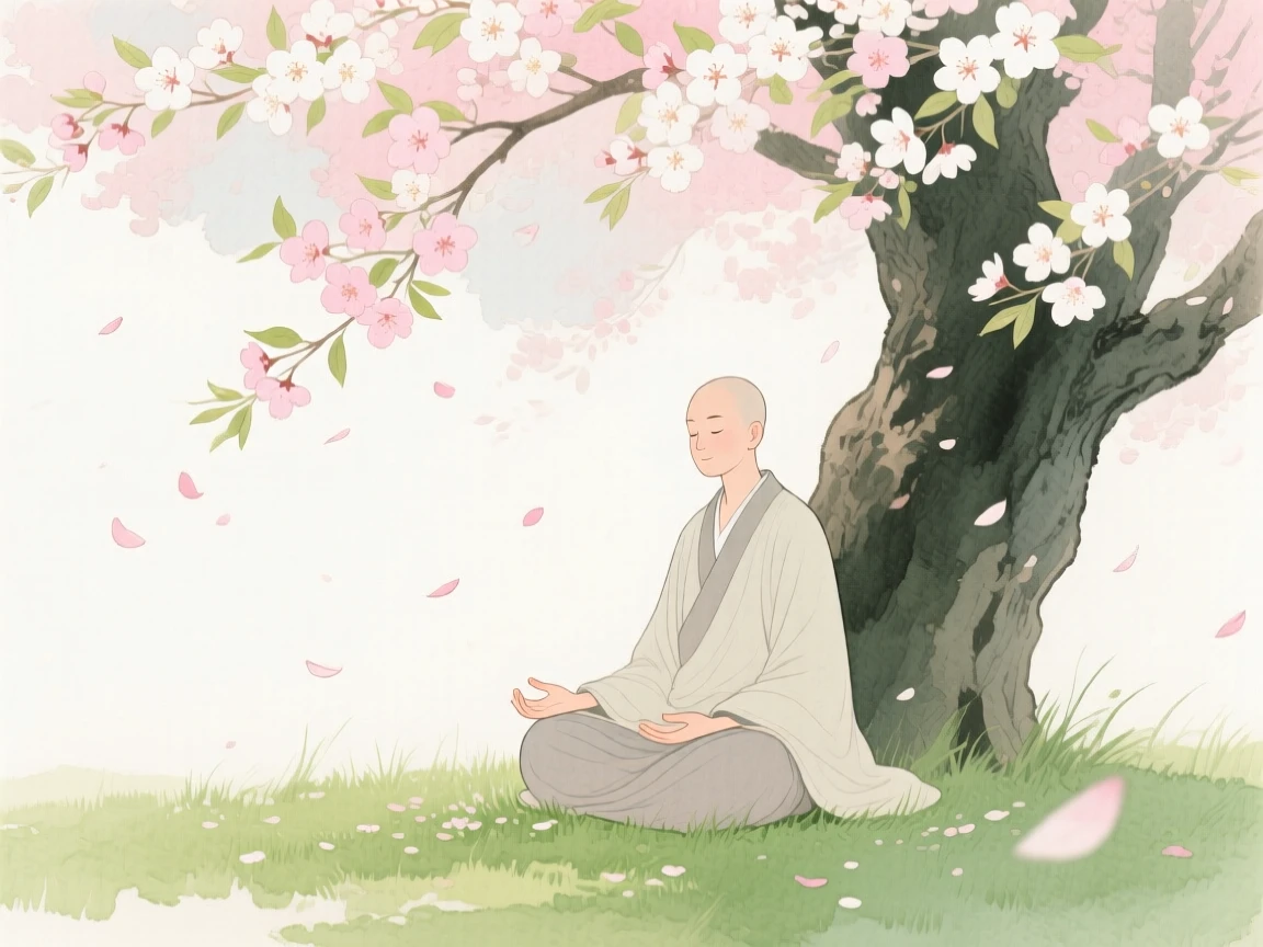 A meditating figure sits beneath a blossoming tree as petals drift gently onto the surrounding grass