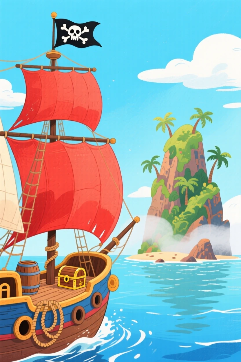 A pirate ship sailing toward a mysterious island, full of mystery and excitement.