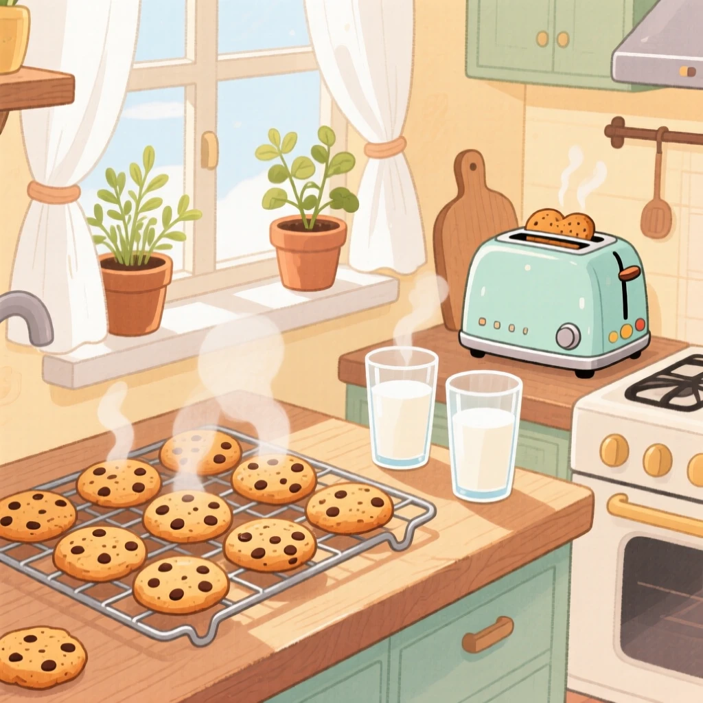 A cheerful kitchen scene of cookies cooling on a rack beside glasses of milk, evoking warmth, comfort, and togetherness.