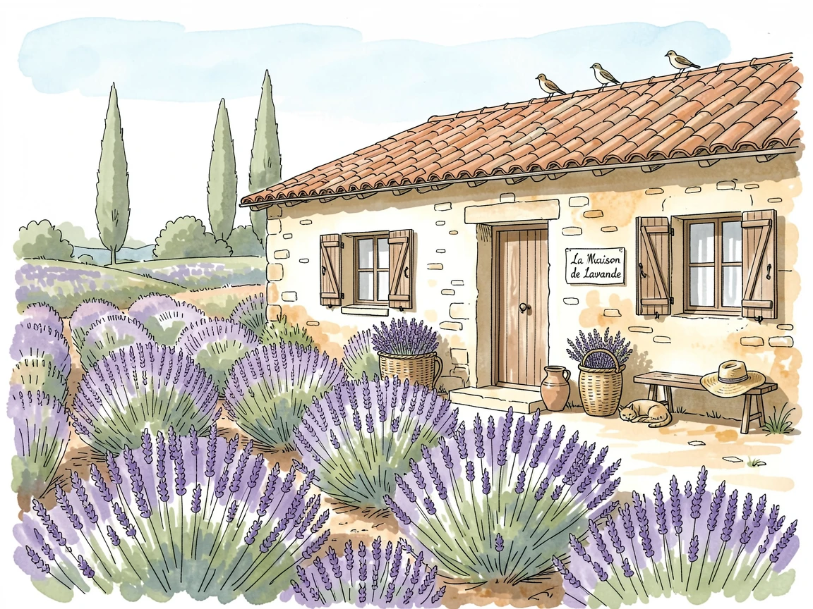 A quiet Provencal farmhouse surrounded by rows of lavender, small details of daily life scattered throughout the setting.