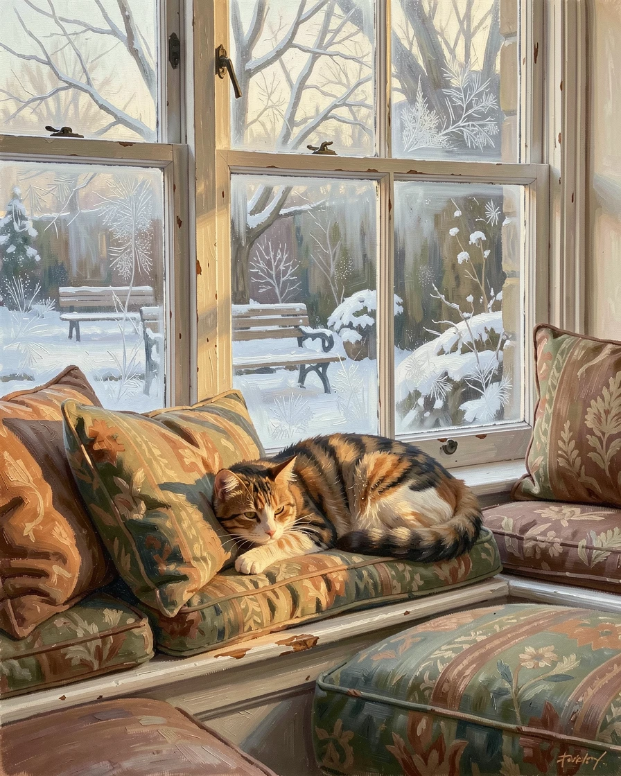 Beside a frosted window overlooking a quiet street, a window seat overlooking a snowy garden, a cat curled contentedly on a cushion, in the soft, golden light of late afternoon.