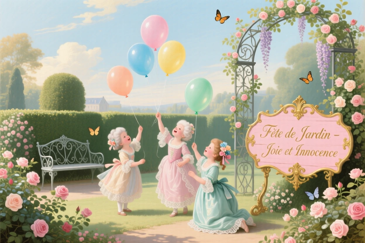 Children releasing colorful balloons during a garden festival  