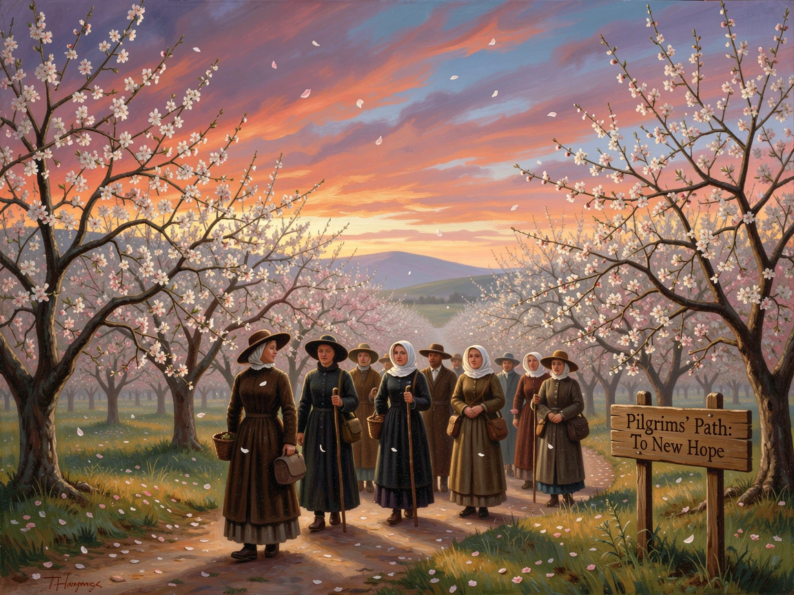 A group of pilgrims walks along an orchard in full blossom beneath a sky streaked with color.