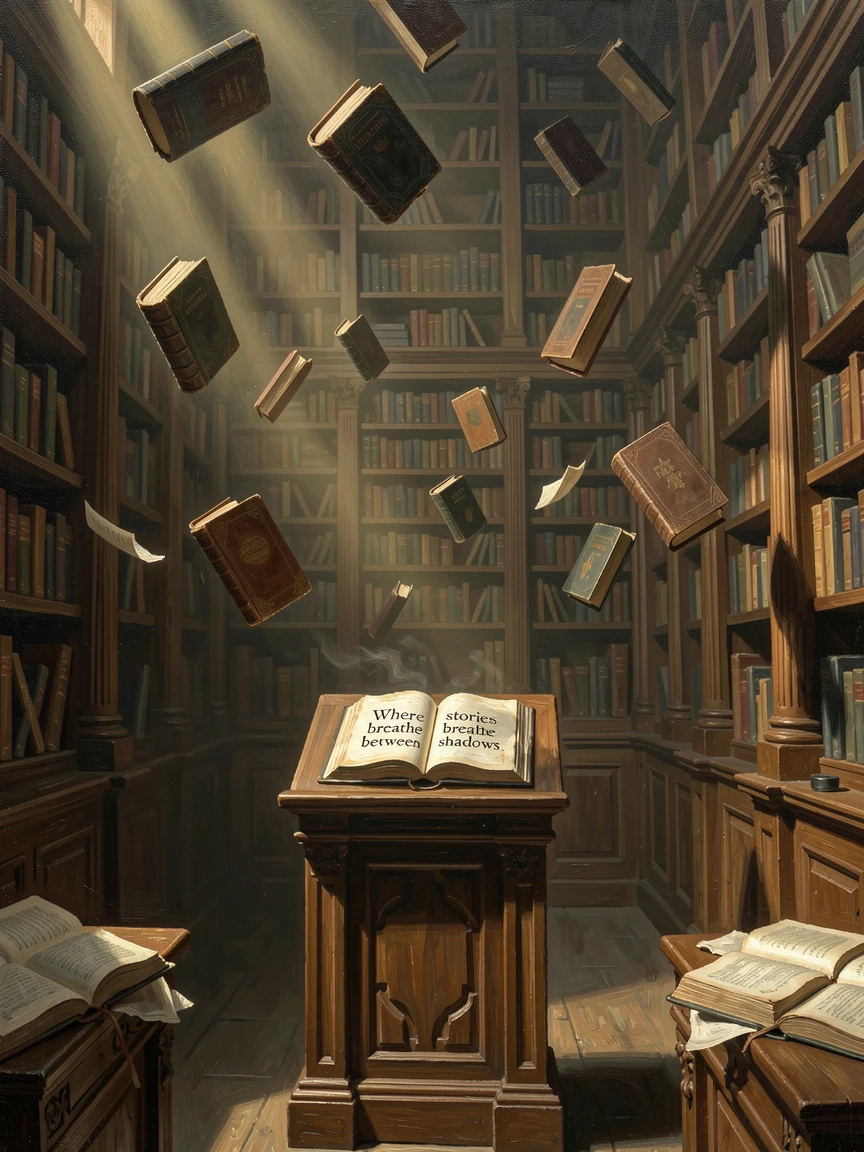 A magical library with floating books and shelves stretching into darkness, as beams of light cut dramatically through darkness or fog, evoking wonder, mystery, and epic storytelling