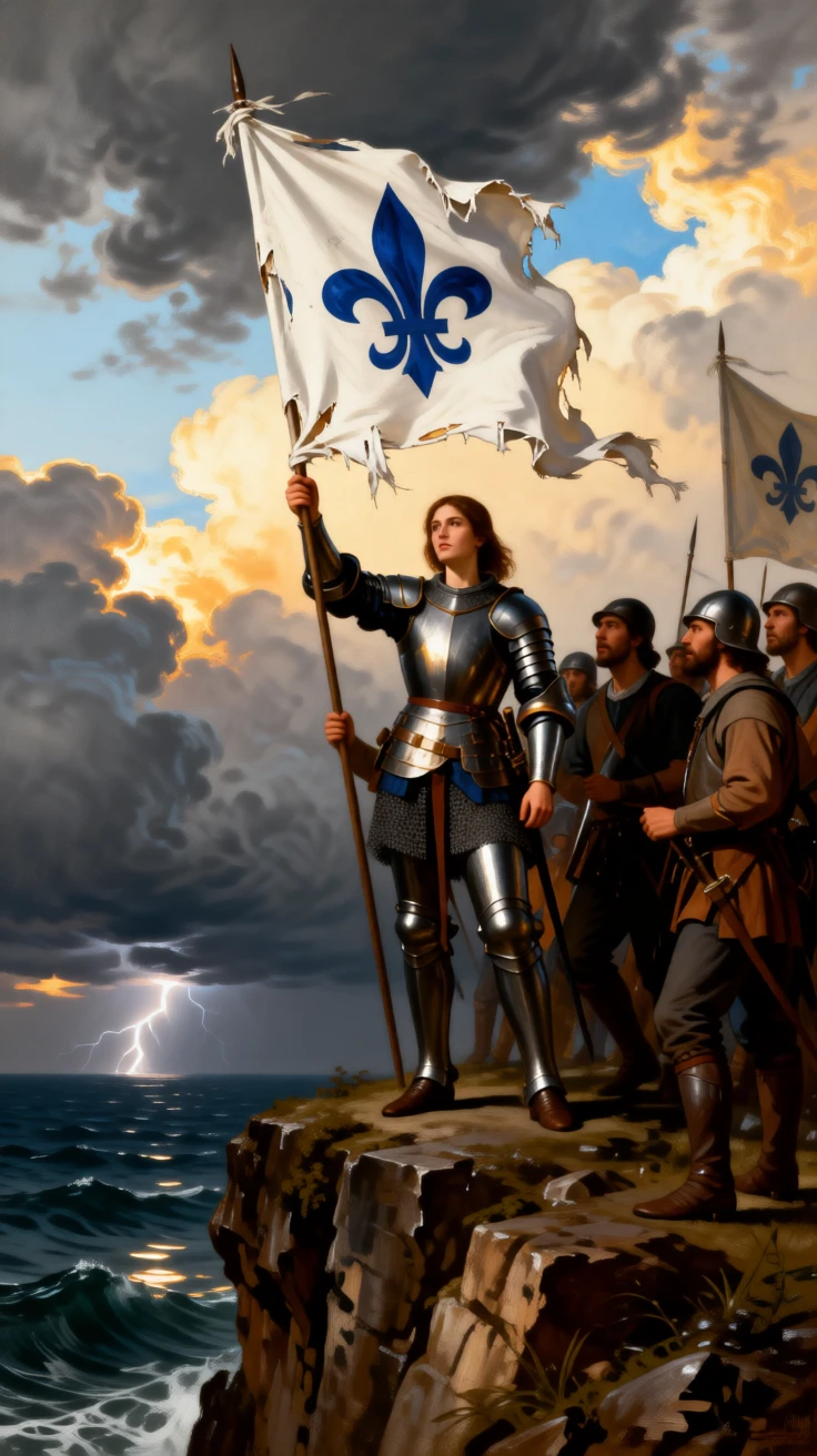 Joan of Arc rallying her soldiers beneath a tattered banner as thunder rolls across a darkening sky, set atop a cliff overlooking a stormy sea, as sunlight gilds the edges of drifting storm clouds; a low vantage point emphasizes the towering scale of the moment, evoking awe, destiny, and the weight of history.