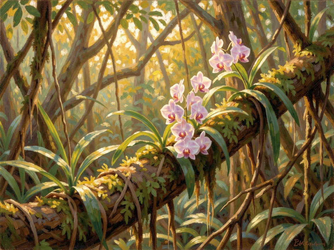 A cluster of wild orchids growing along a mossy rainforest branch, sunlight breaking through the canopy, evoking timeless charm and quiet elegance.