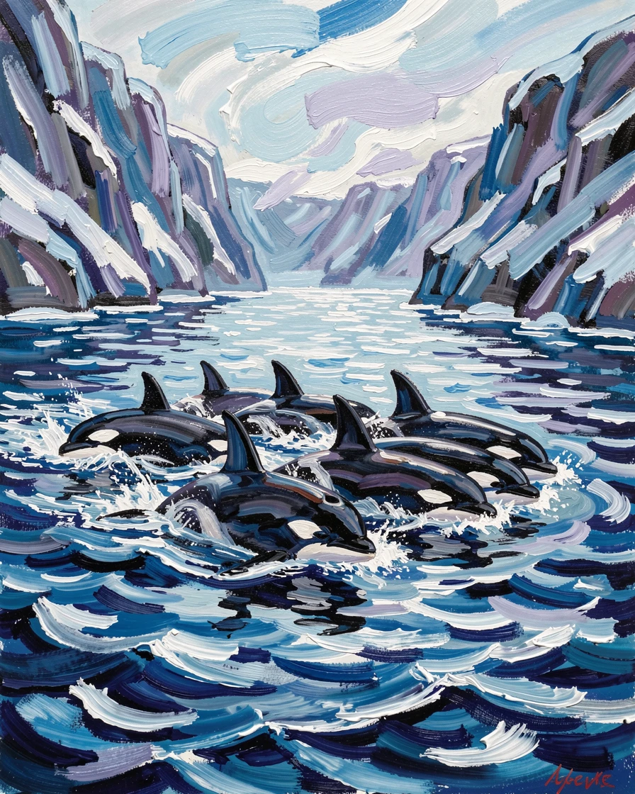 A pod of orcas swimming in formation through icy blue fjord waters.