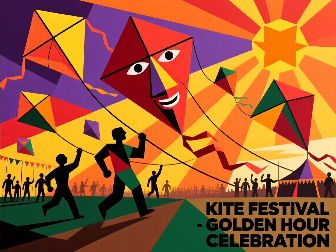 An energetic scene of a kite festival filling the sky with colorful shapes, captured at golden hour.