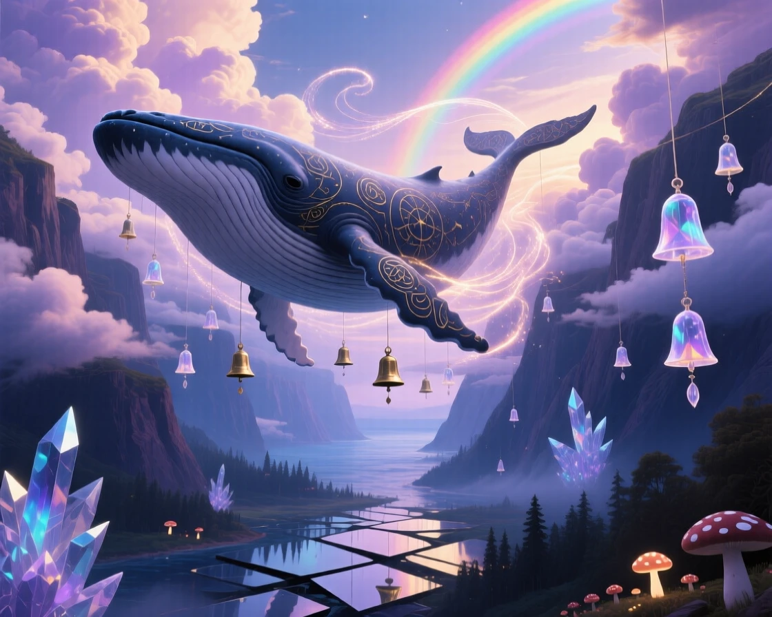 A whale swimming gracefully through a sea of drifting clouds drifts weightlessly through a canyon of soft clouds, while soft chimes seem to ring with each of its movements.