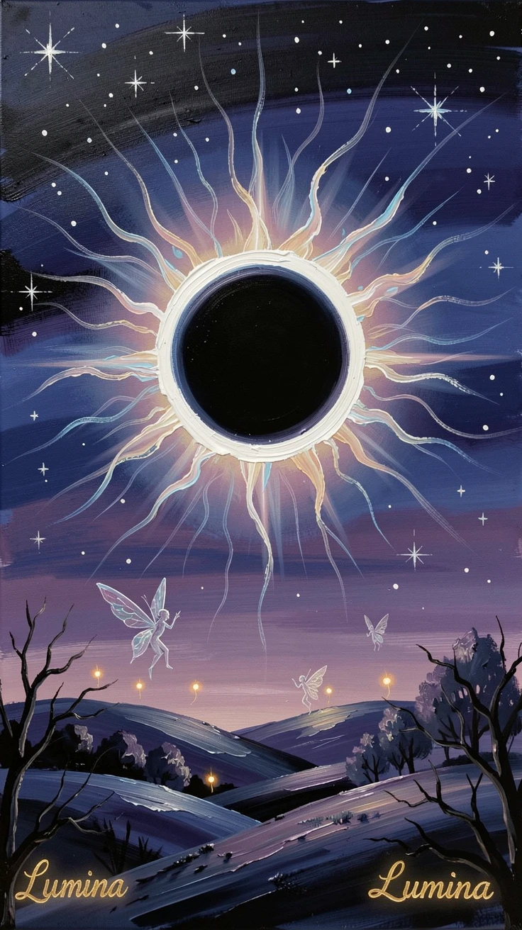 A brilliant total solar eclipse reveals the sun's delicate corona streaming outward, the sky darkened to twilight as stars appear at midday, small magical details scattered throughout the scene rewarding a closer look.