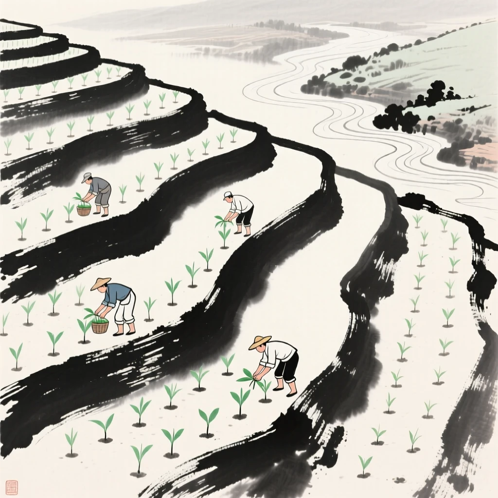 Workers plant seedlings in neat rows across a terraced hillside, with the sound of a nearby stream filling the quiet air.