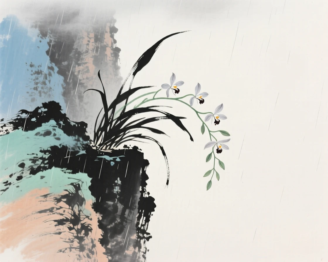 Wild orchids clinging to the face of a misty cliff, just after a rain shower, evoking a sense of quiet solitude.