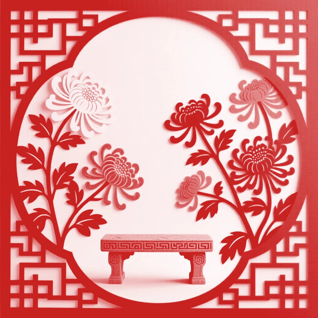 A field of chrysanthemums in autumn, blossoms in white, gold, and rust arranged around a small stone bench