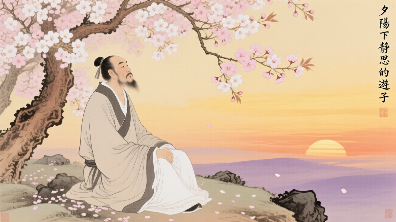 A traveling storyteller watching the sunset in quiet reflection beneath a canopy of cherry blossoms