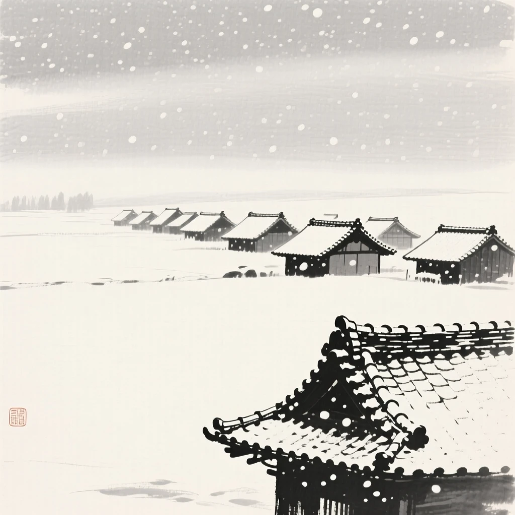 A row of traditional tiled rooftops beneath a canopy of falling snow, captured from a distance, small against a vast landscape, conveying quiet reverence for the past.