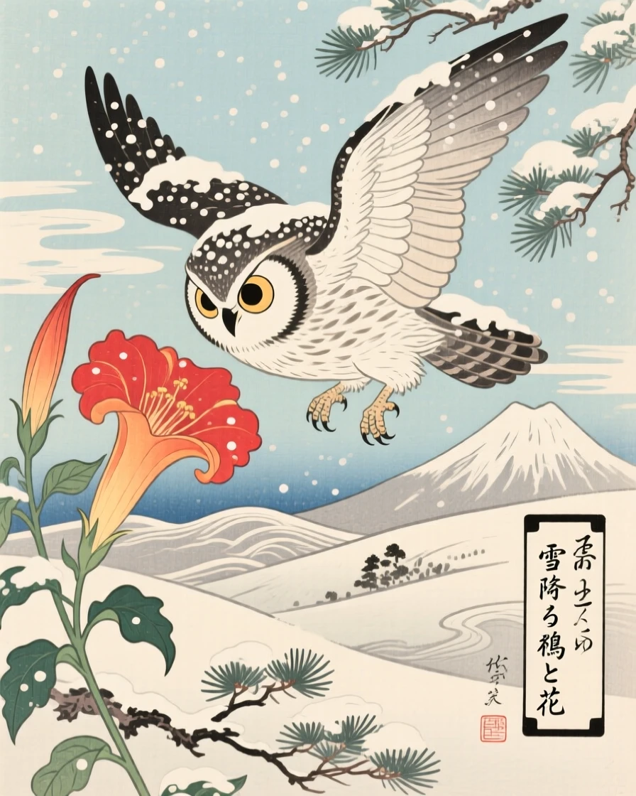 A snow-dusted owl hovering beside a blooming trumpet flower.