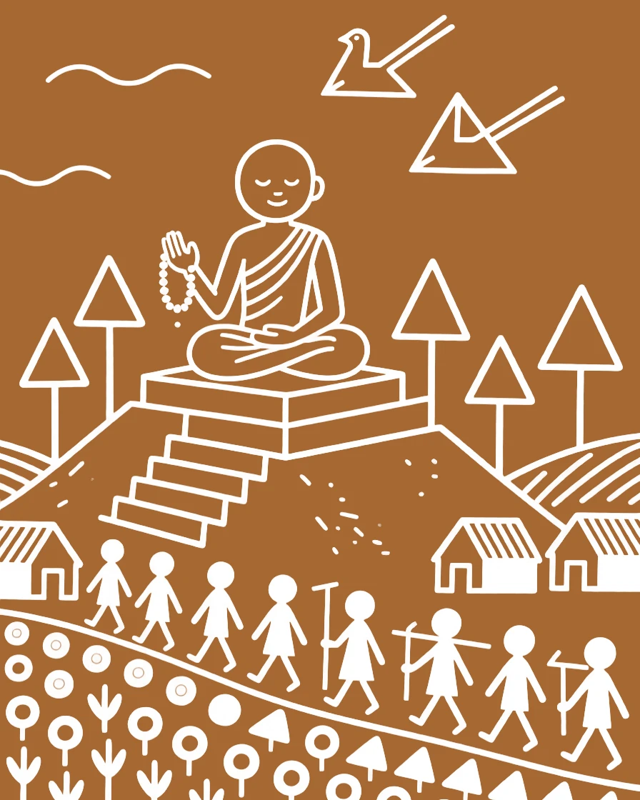 A young monk at a hilltop shrine overlooking the valley.