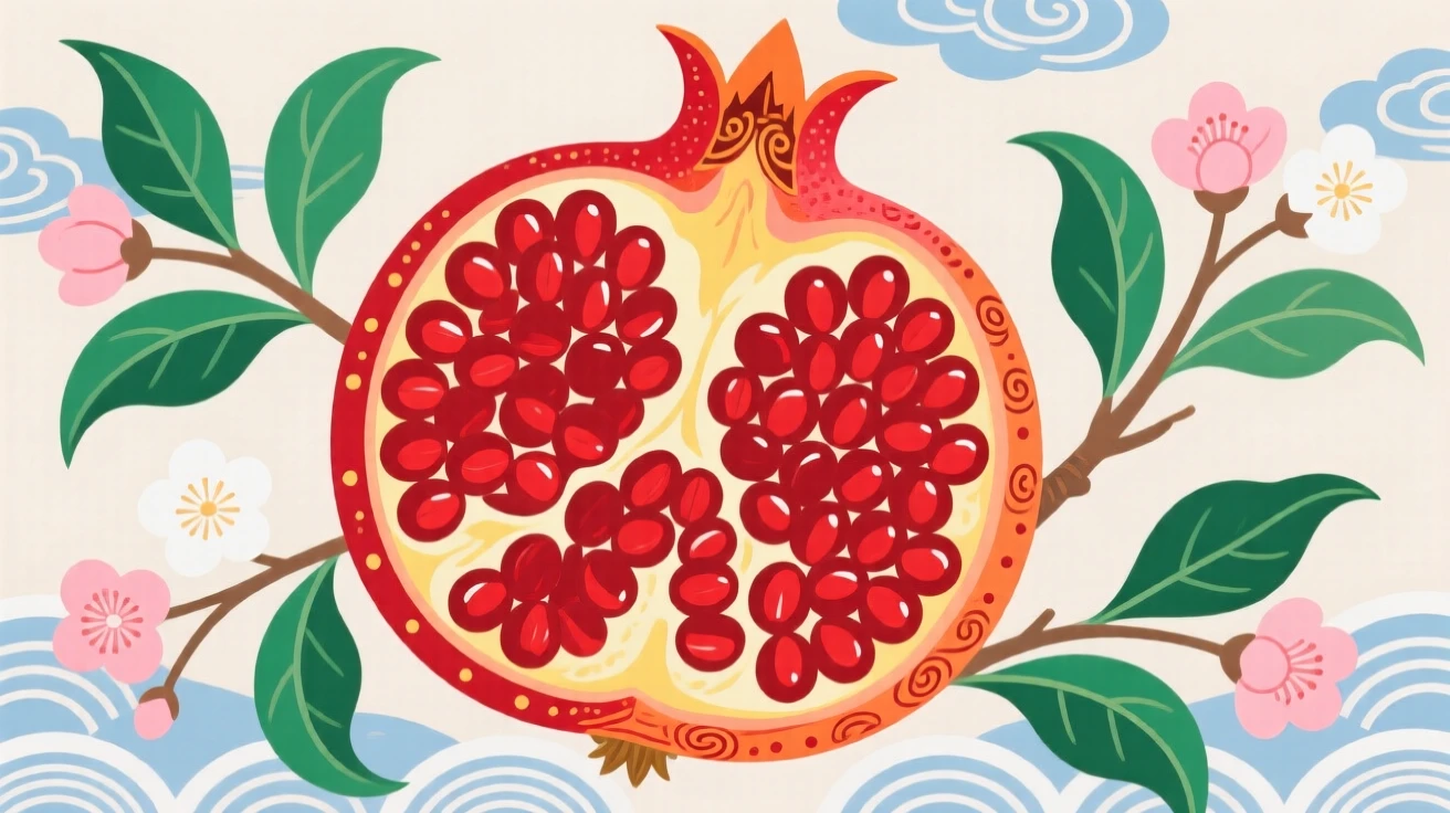 A pomegranate split open to reveal countless seeds, symbolizing many descendants and prosperity.
