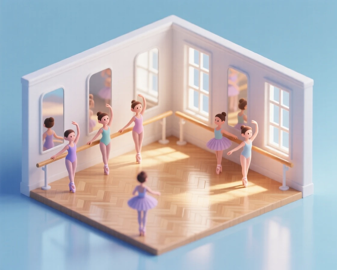 A quaint dance studio with mirrors lining the walls, students practicing at the barre, and sunlight streaming through tall windows.