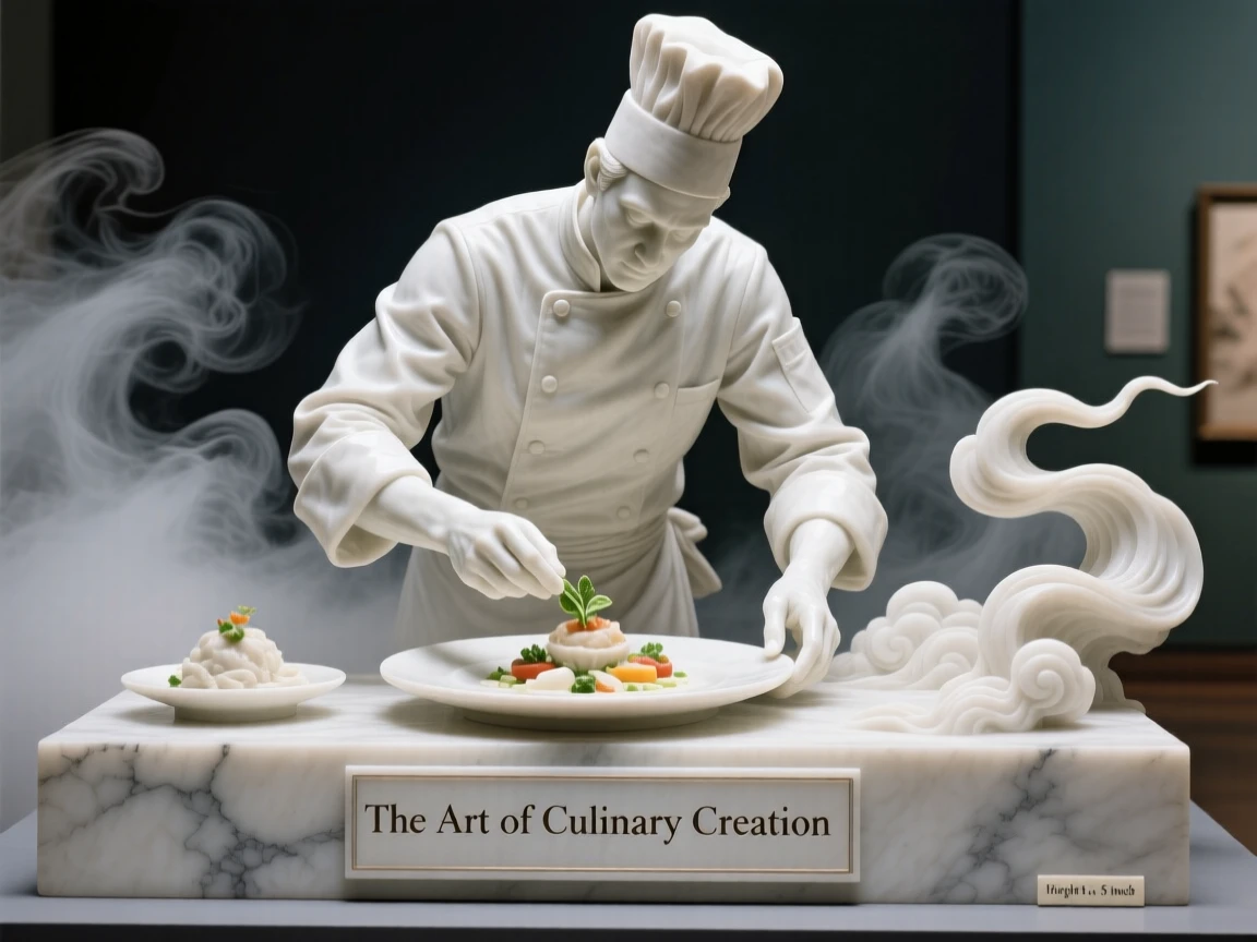 A beautifully composed image of a chef plating a beautifully arranged dish, amid swirling clouds and mist, full of atmosphere and visual storytelling