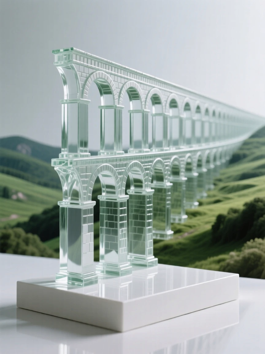 An ancient aqueduct stretching across a wide green valley with the sea stretching endlessly beyond the horizon