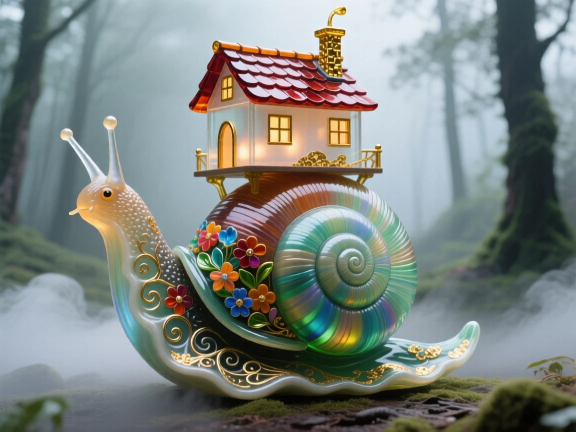 A giant snail carrying a tiny cottage on its shell through a misty forest, whimsical and charming.