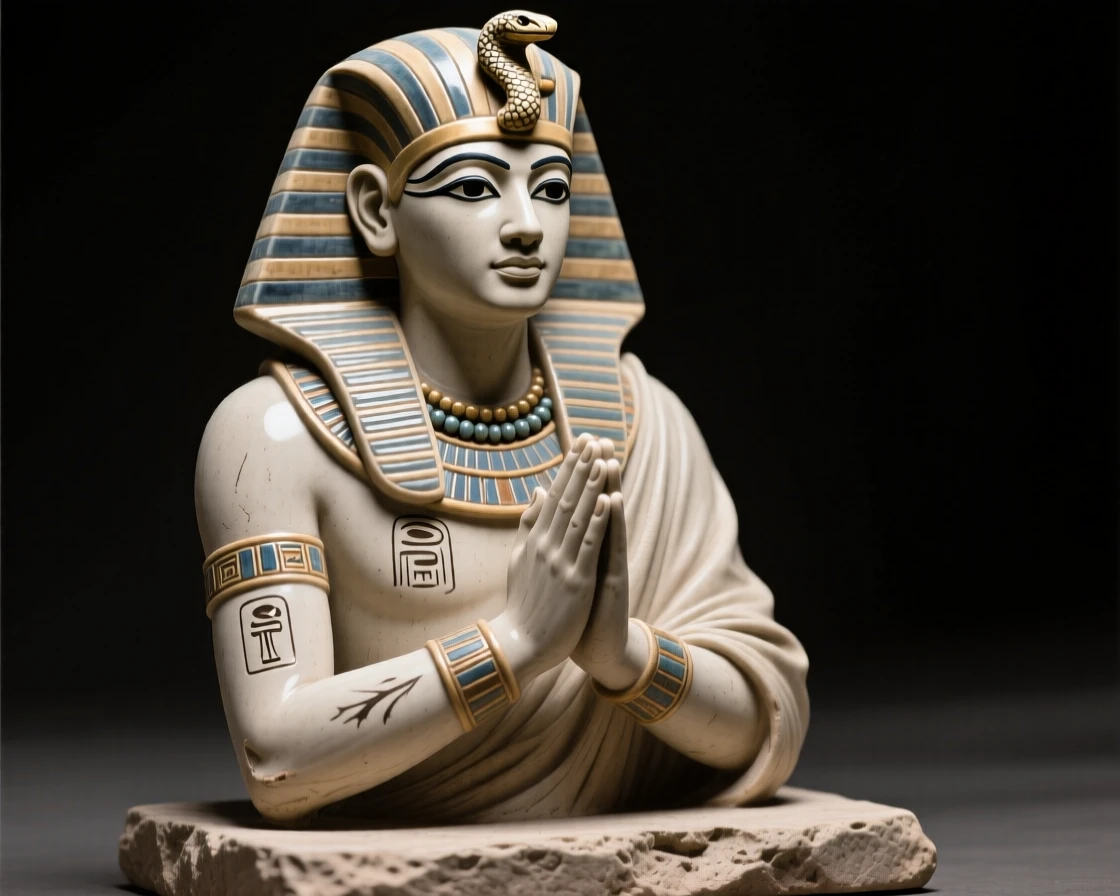 A pharaoh adorned with ceremonial regalia captured mid-ceremony with solemn dignity, bearing markings of rank and honor, evoking reverence for ancient tradition.