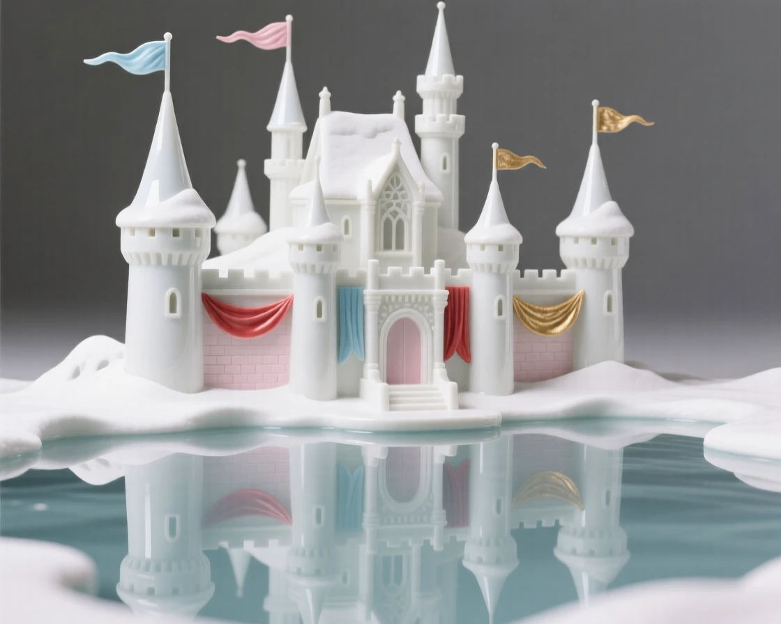 A snow-capped castle reflected in a still moat, banners fluttering from its highest spires.