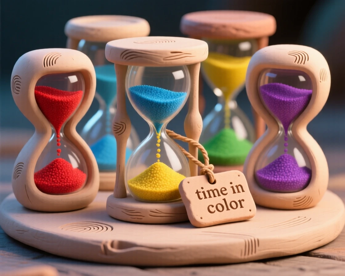 A collection of hourglasses filled with colorful sand