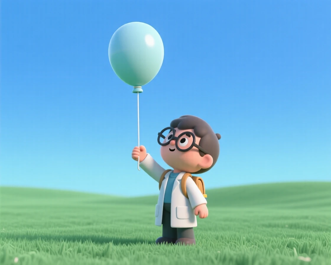 A curious young scientist launches a weather balloon into a clear blue sky from an open grassy field.