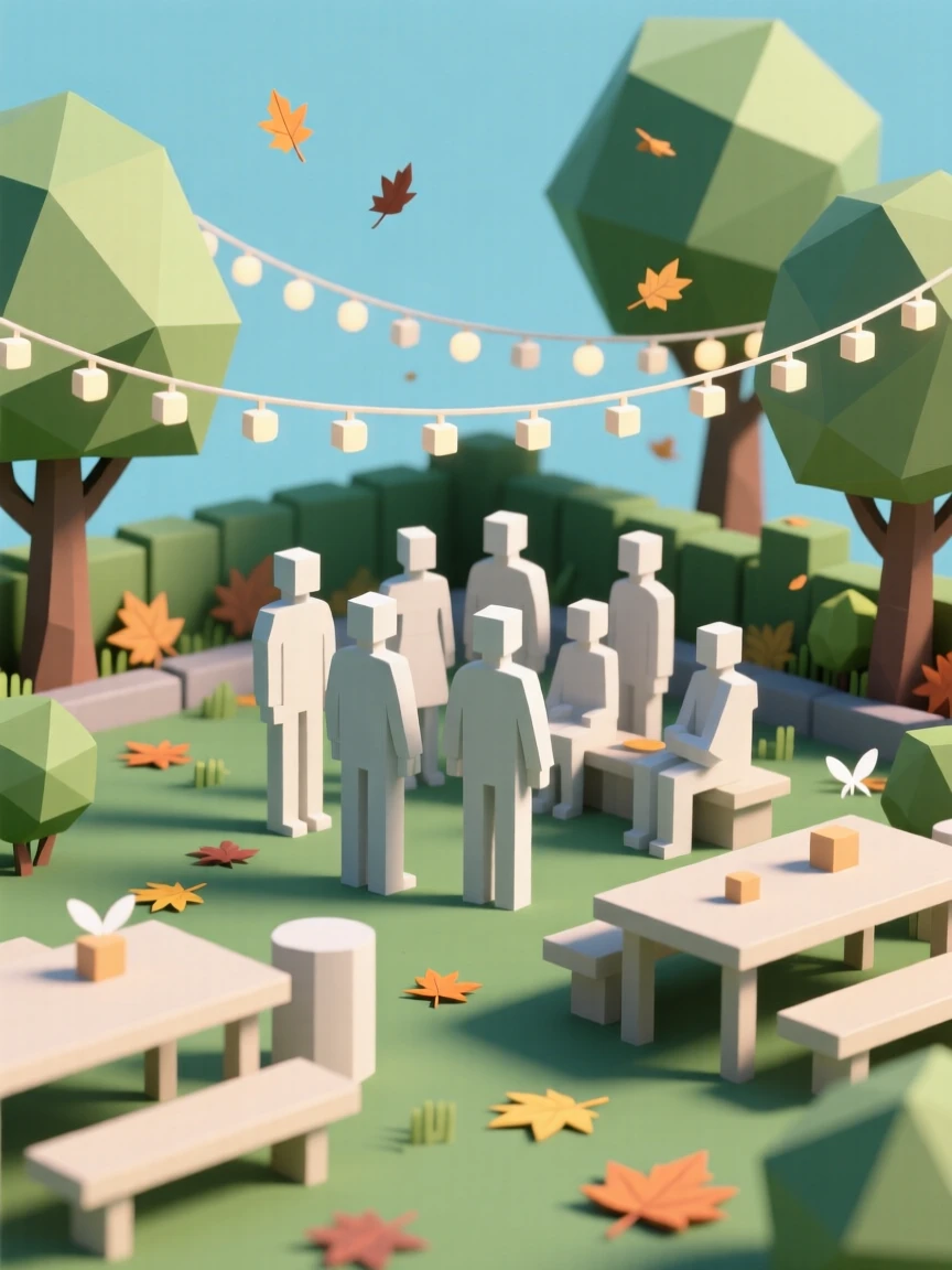 A summer garden party strung with fairy lights, as autumn leaves drift through the air. rich seasonal colors bring the scene to life. A gentle sense of togetherness fills the scene.